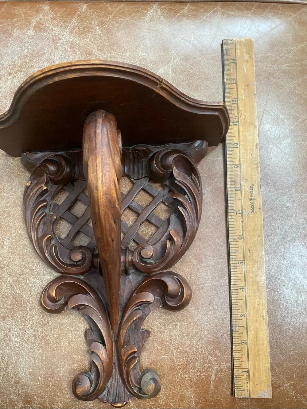 Vintage Hand-Carved Wooden Wall Bracket Shelf scroll detail